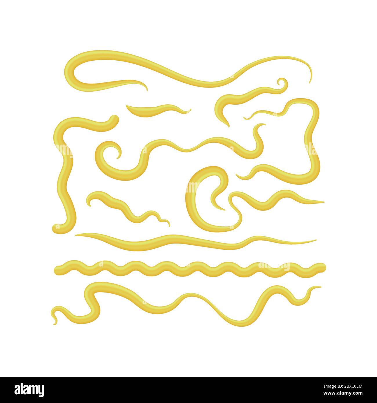 Set von verschiedenen Senfspritzern. Französische, bayerische oder Dijon-gelbe Sauce. 3d-Darstellung. Frische Blobs und Drops. Stock Vektor