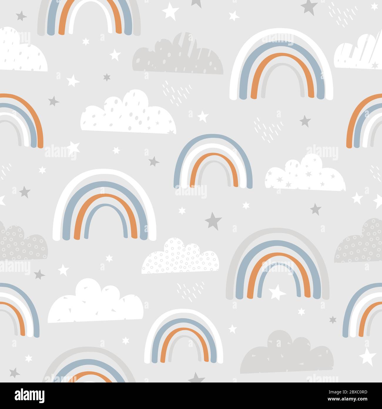 Nahtloses Muster mit handgezeichneten Regenbogen und Wolken. Kreative Textur für Stoff, Verpackung, Textil, Tapete, Bekleidung. Vektorgrafik Stock Vektor