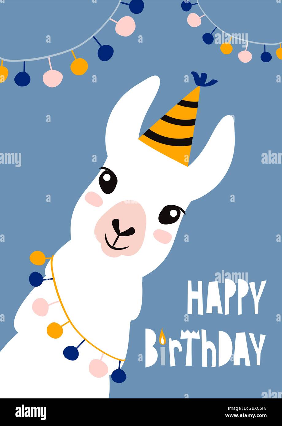 Happy Birthday Karte mit niedlichen Cartoon Lama-Design. Stock Vektor