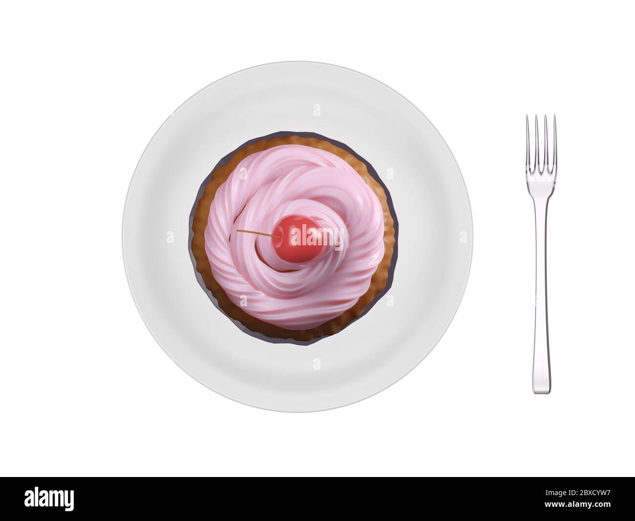 Leckerer, leckerer Cupcake mit der rosa Tüte auf der Oberseite und Kirsche, bereit für Kinderparty Essen, Muttertag Feier. Cupcake auf einem Teller, Draufsicht. 3d r Stockfoto