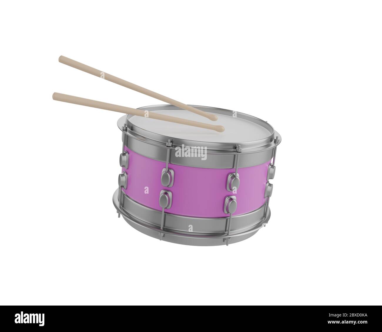 Snare Trommel und Drumsticks auf weißem isoliertem Hintergrund. 3d-Illustration Stockfoto