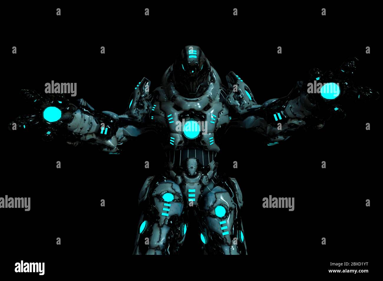 predator schwarz und blau glühender Roboter in dunklem Hintergrund mit breiten Armen geöffnet Stockfoto