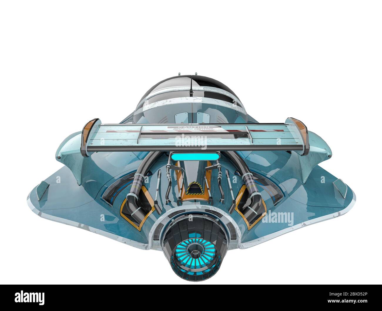 Alien Pocket Flugzeug Raumschiff Erkundung rund in einem weißen Hintergrund, 3d-Illustration Stockfoto