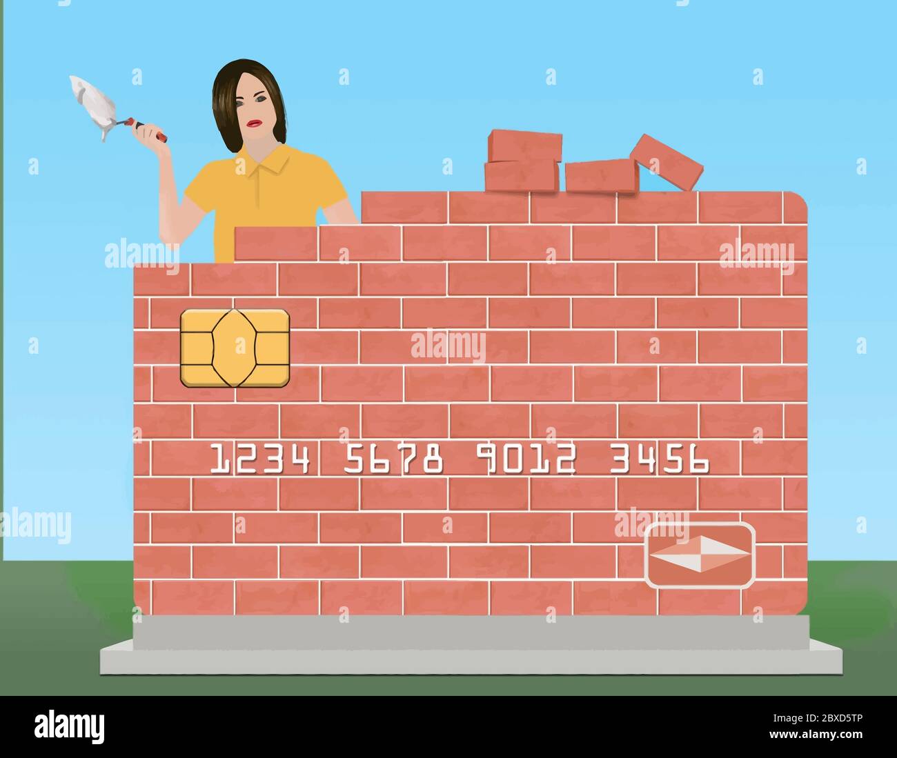 Eine junge Frau hält eine Kelle und Mörser, wie sie eine Backstein-Kreditkarte im Freien baut. Das Thema ist Wiederaufbau oder Reparatur Ihrer Bonität. Stock Vektor