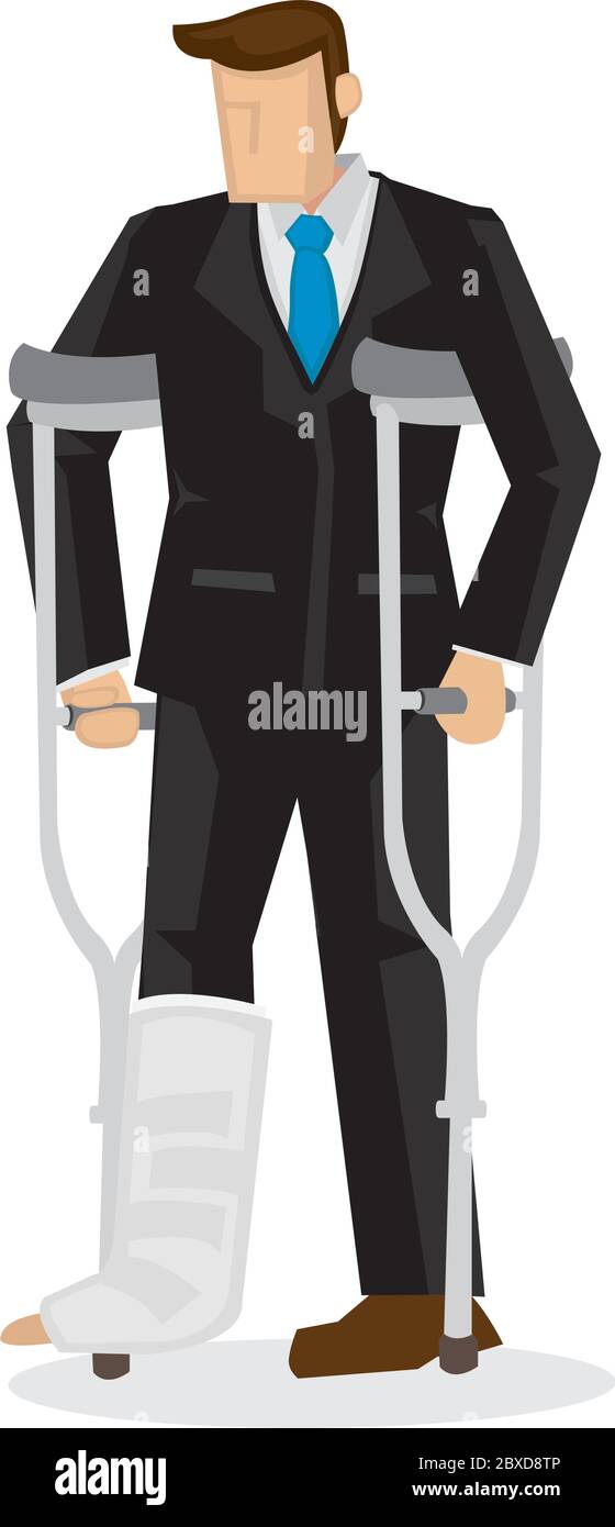Schwer verletzt Cartoon Business-Charakter in Anzug mit einem gebrochenen Bein zu Fuß auf Krücken. Isolierte Vektordarstellung. Stock Vektor