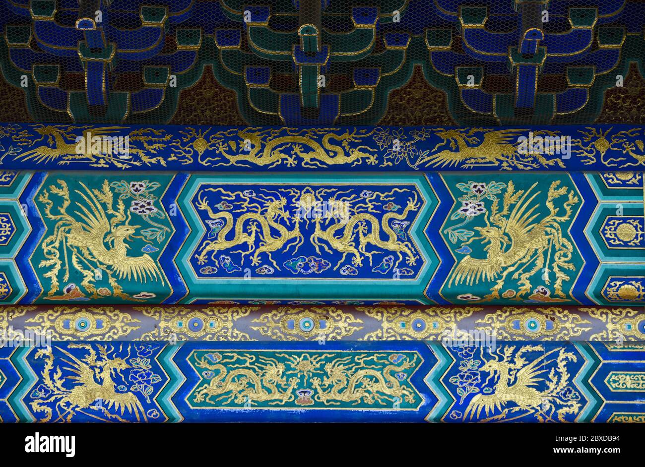 Himmelstempel: Details der Dekoration der Haupthalle, mit Drachen-Motiven Design. Peking, China Stockfoto