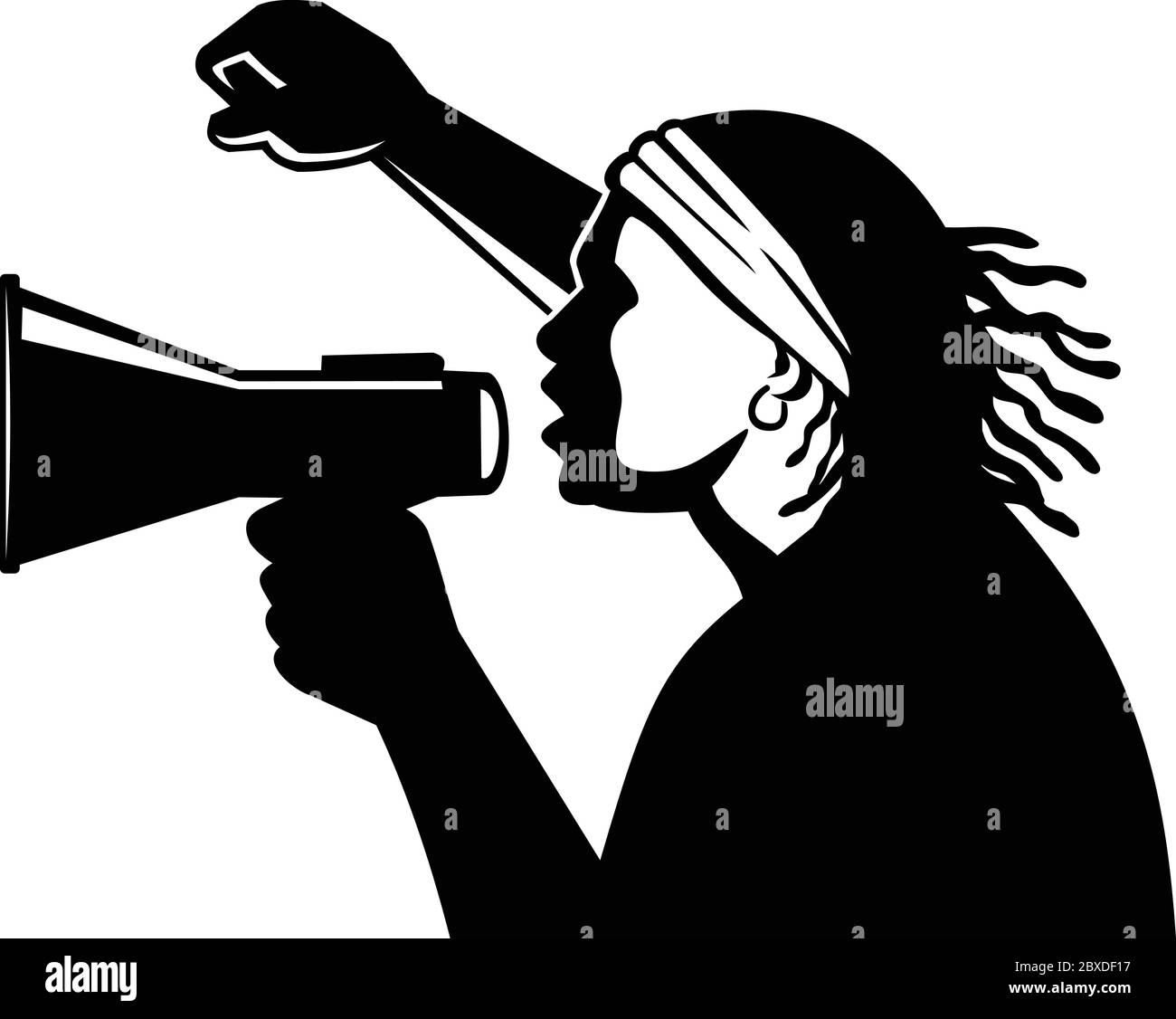 Retro-Stil Illustration eines afroamerikanischen Aktivisten mit Megaphon in Demonstration mit geballter Faust protestieren, dass schwarze Leben Materie auf Isol Stock Vektor