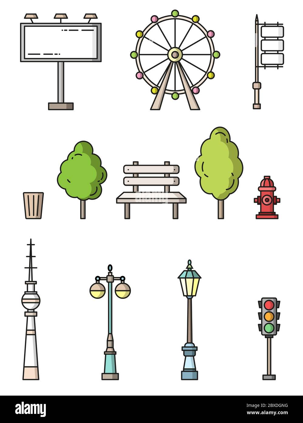 City Elements flacher Stil bunte Vektor-Symbole Stock Vektor