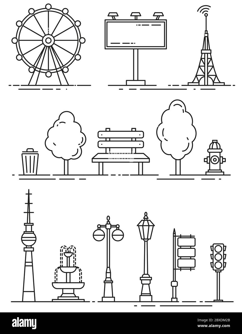 vektor-Stadtelemente umreißen isolierte Symbole gesetzt Stock Vektor