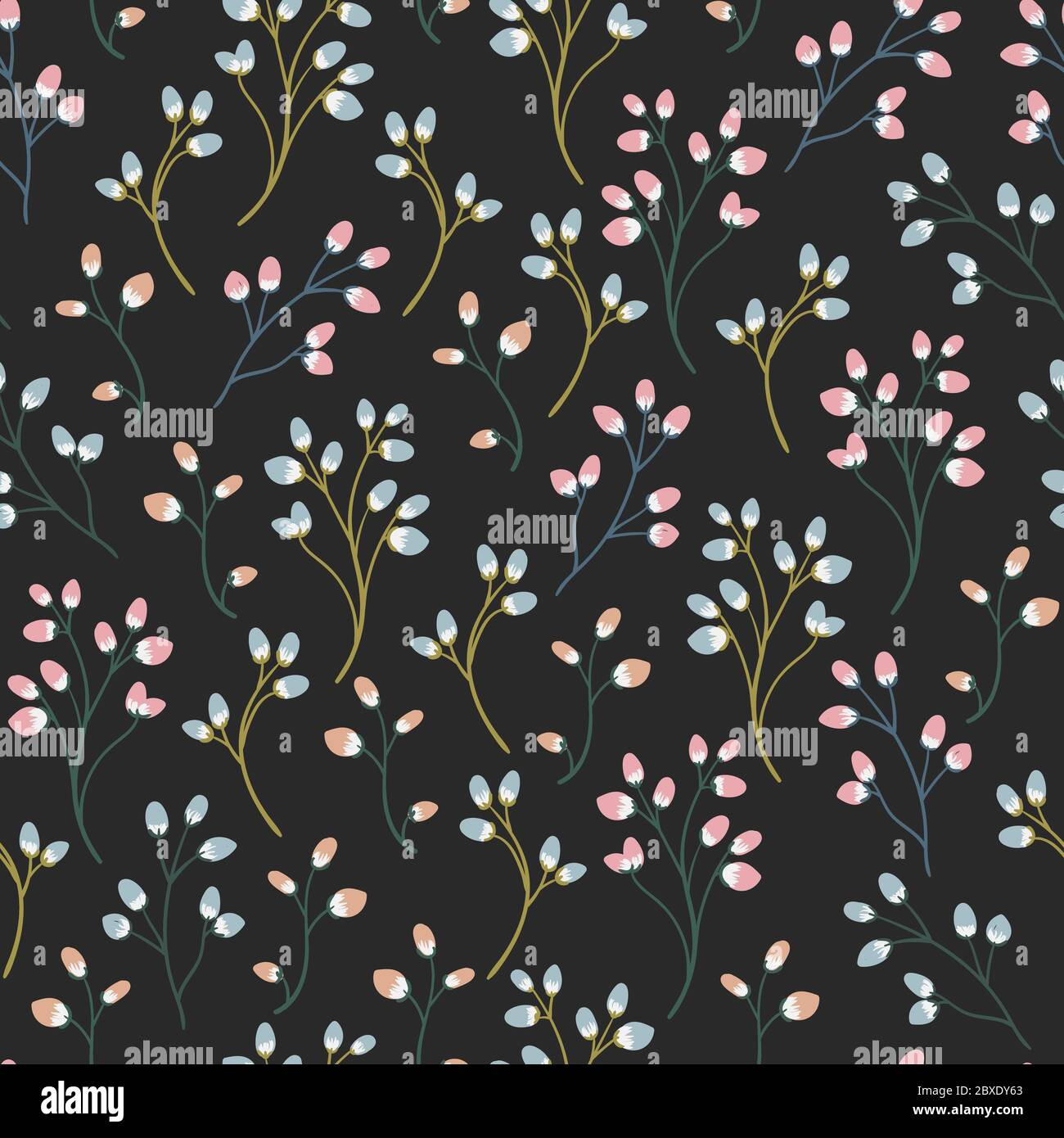 Nahtloses Muster Mit Weidensprossen Auf Dunklem Hintergrund Fruhlingshintergrund Mit Pflanzen Mit Fruhlingsknospen Winzige Blutenknospen Stock Vektorgrafik Alamy