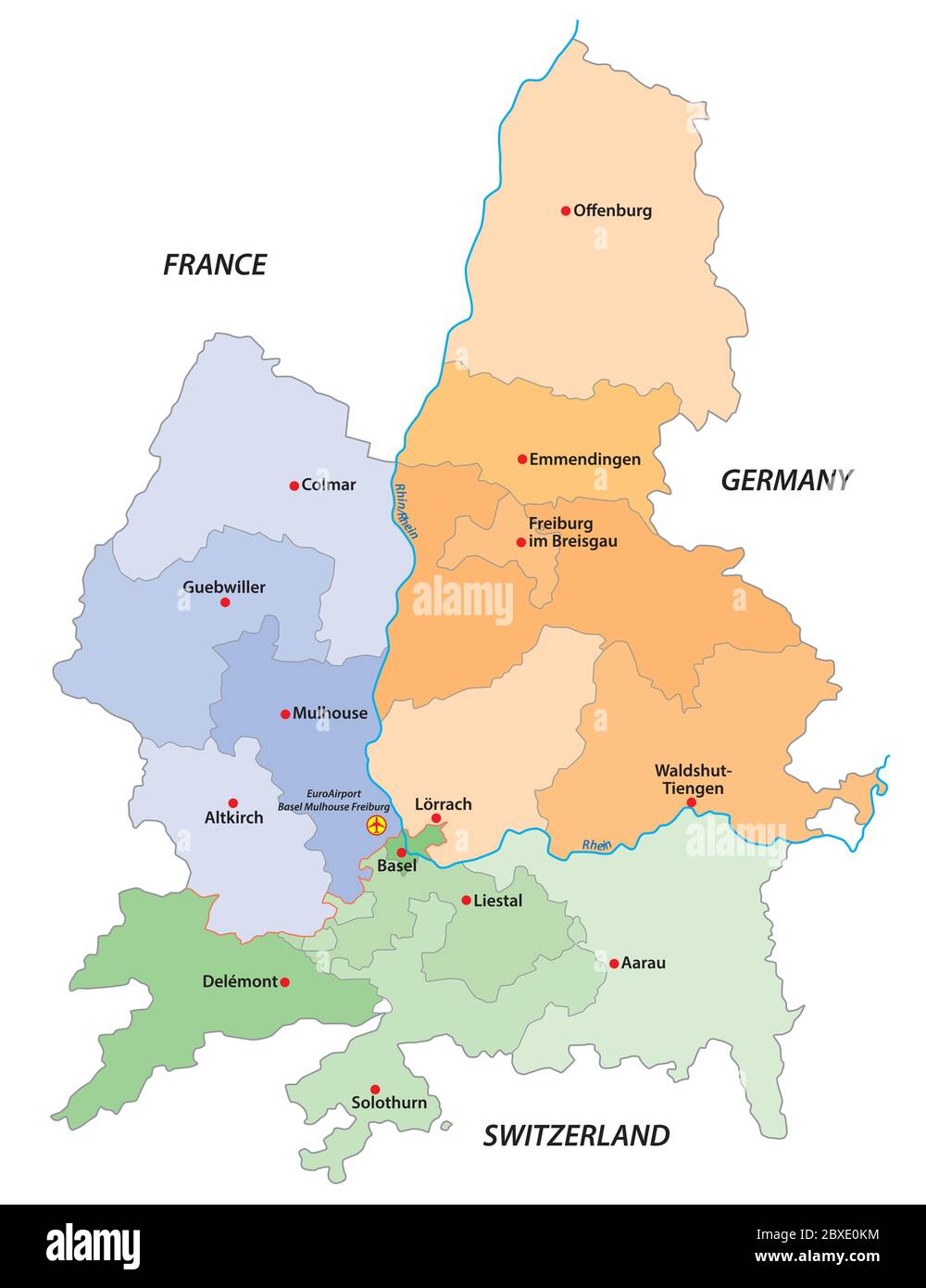 vektorkarte der europäischen Wirtschaftsregion Regiotrirhena, Frankreich, Schweiz und Deutschland Stock Vektor
