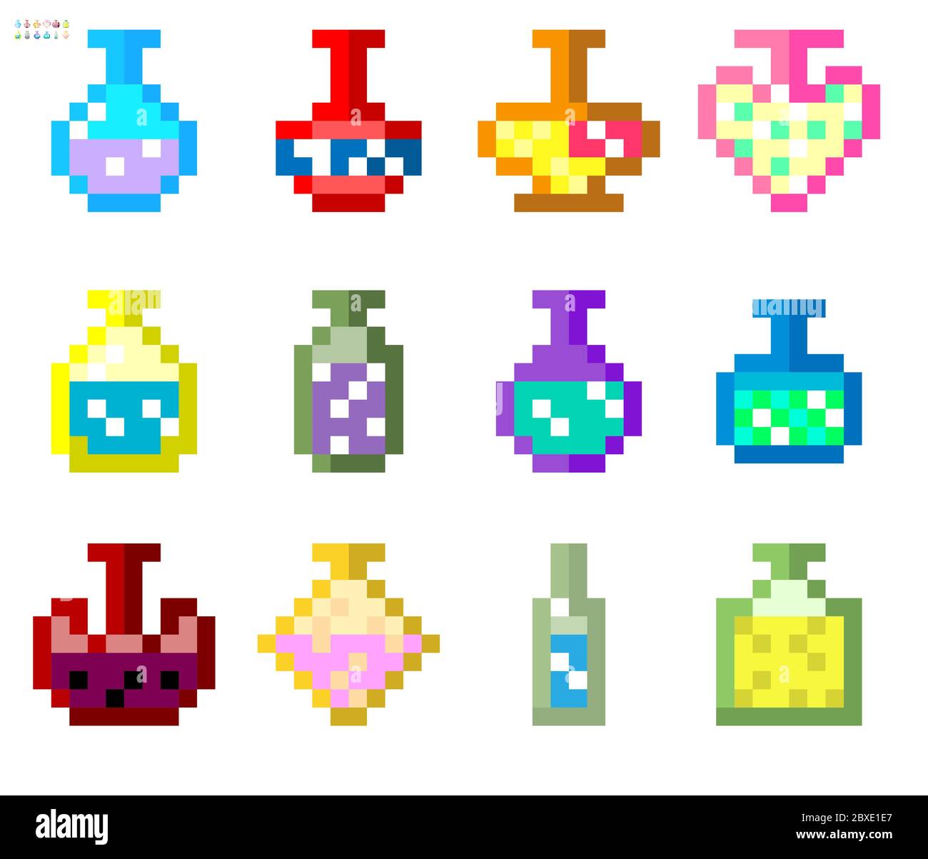 Indie-Stil Satz von Tränken in einem 8-Bit-Indie Arcade-Spiel. Pixel-Kunst, Flaschen mit Tränken in verschiedenen Farben und Füllungen .. Stock Vektor