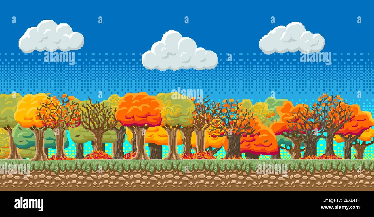 8bit Indie Arcade Spielszene, blauer Himmel mit Wolken, 28 verschiedene Herbstbäume mit farbigen Blättern, Blattfall. Details des Spiels Bäume, Erde Stock Vektor