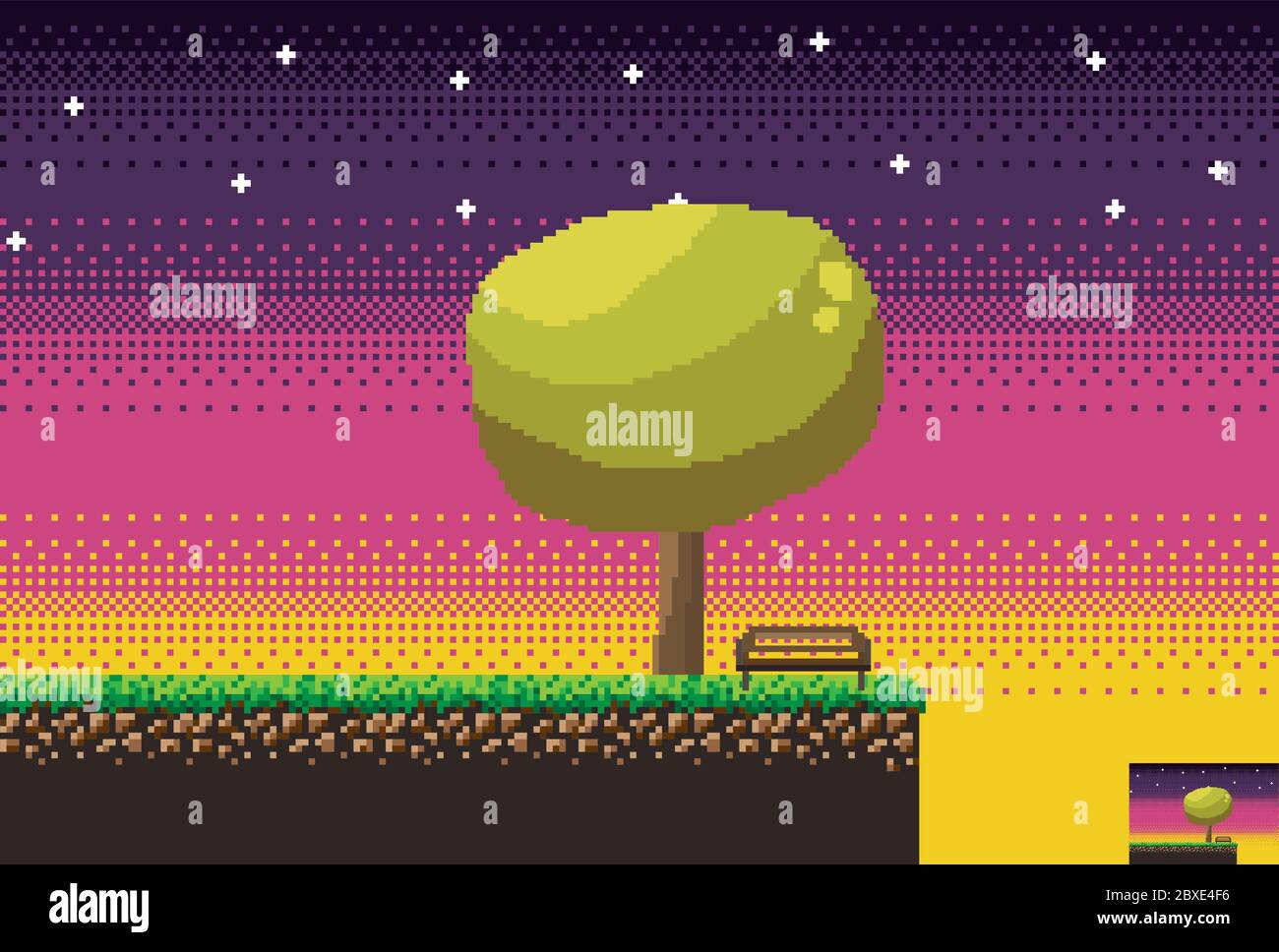 8bit Indie Arcade-Spielszene, Pause bei Sonnenuntergang mit einem Baum und einer Bank. Details des Spiels Land, Gras, Baum, Bank. Stock Vektor