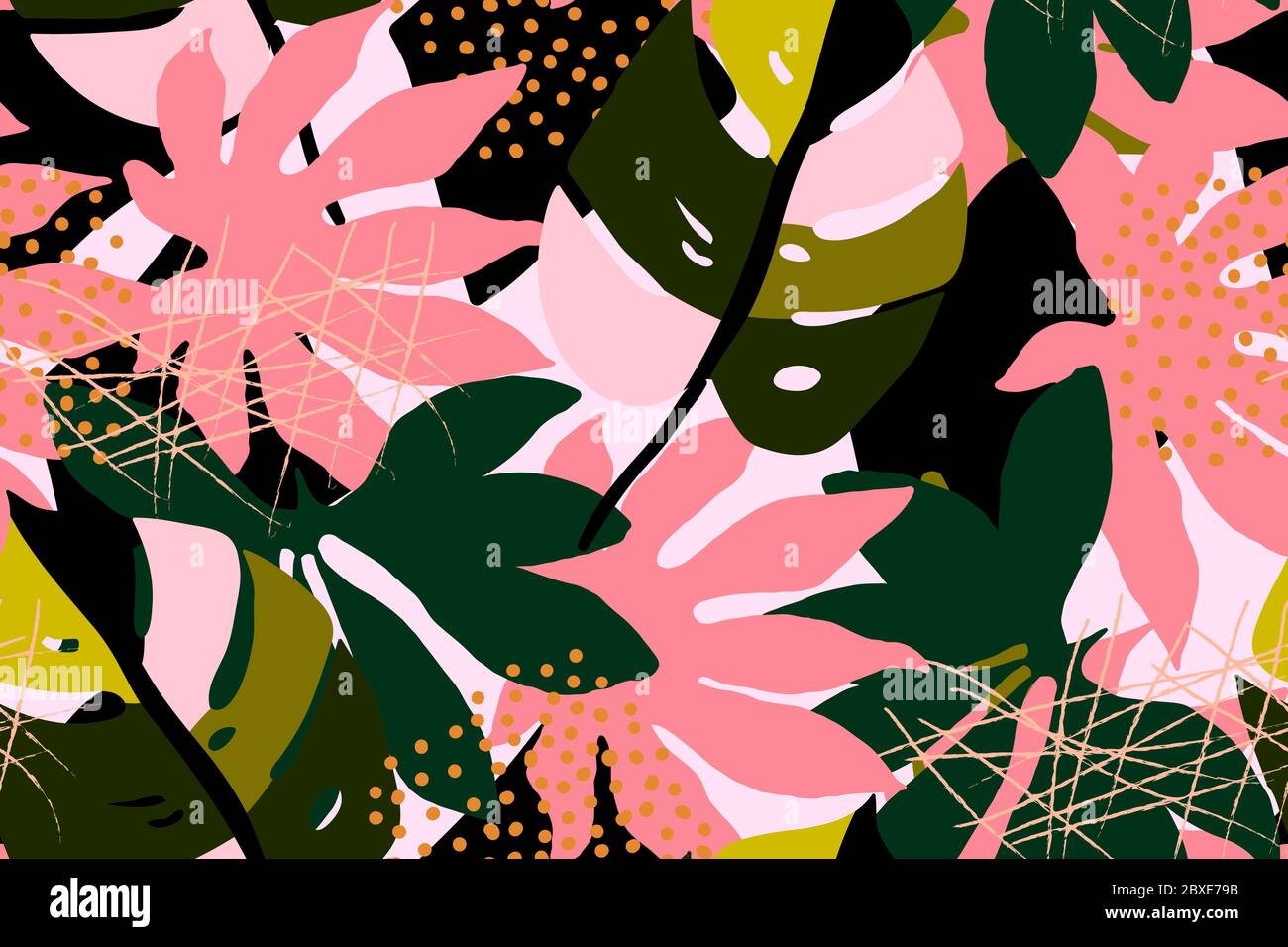 Helles, mehrfarbiges Nahtloses Muster mit Elementen aus tropischen Blättern. Moderne abstrakte Collage. Stock Vektor