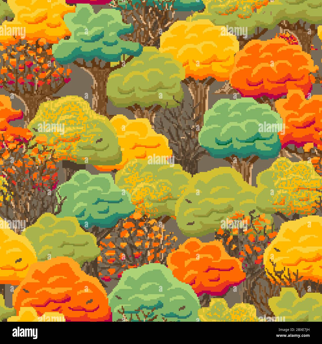 8 Bit, Arcade-Stil, Pixel nahtlose Muster mit Herbstbäumen. Laubfall, farbige Baumkronen. Stock Vektor