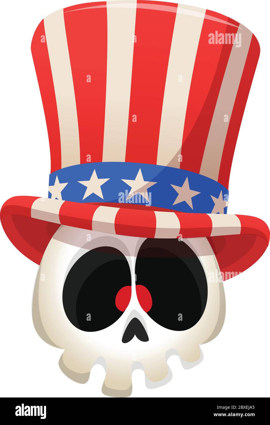 Menschlicher Schädel trägt Onkel Sam Hut auf weißem Hintergrund. Cartoon Illustration Maskottchen für American Independence Day. juli Stock Vektor