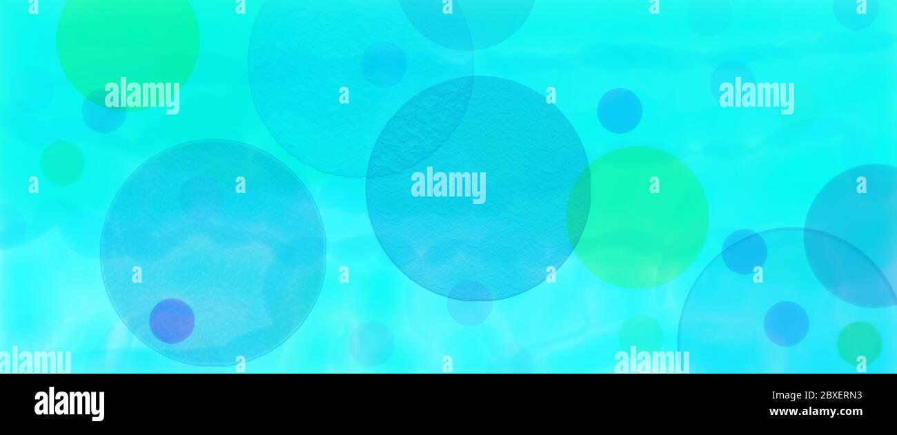 Blauer Aquarellhintergrund mit blauen und grünen Blasen oder Bokeh Lichtkreisen in zufälligen abstrakten Muster in kunstvoller Design geschichtet Stockfoto