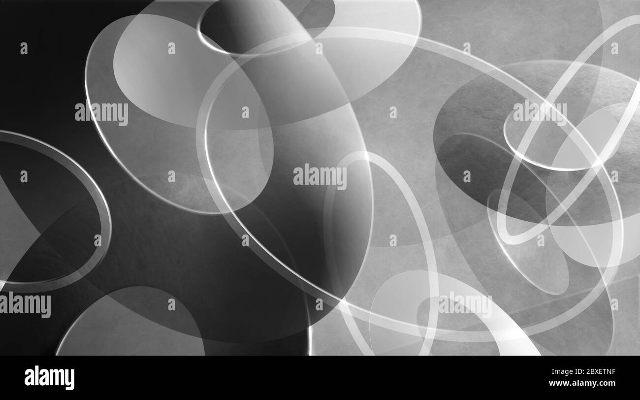Abstrakter schwarz-weißer Hintergrund mit ovalen und kreisförmigen Ringen und Formen in geometrischem Design mit moderner Kunst mit dunklen und hellen Elementen in artis geschichtet Stockfoto