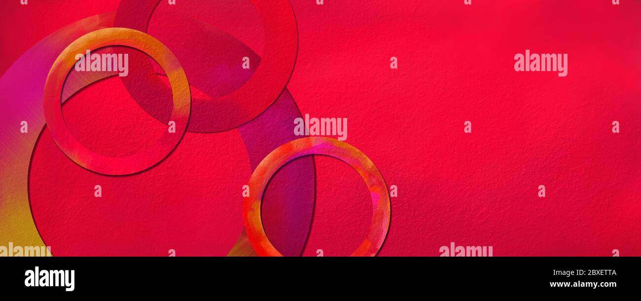 Abstrakter Hintergrund mit roten und lila Metallringen auf rotem Hintergrund mit verzweifelten Textur-Design, moderne Kunst geometrische Layout, kühne bunte Ringe Stockfoto