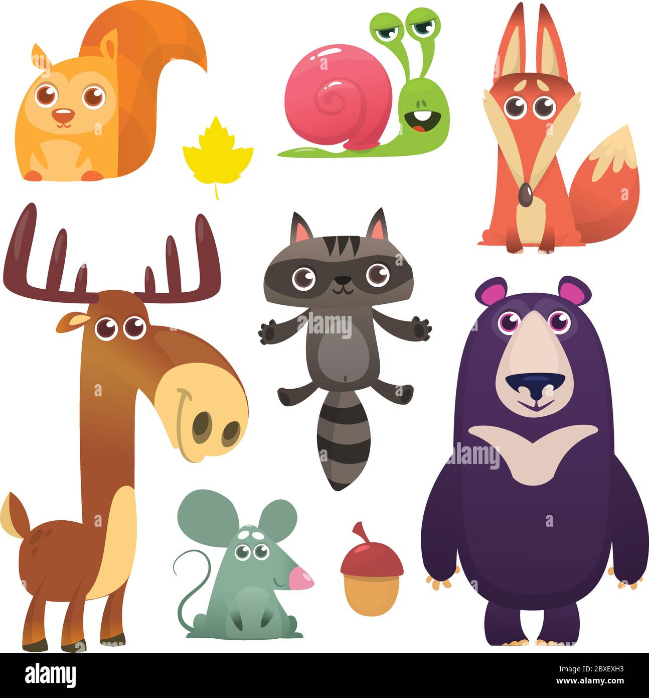 Cartoon Wald Tiere Set. Design mit flachen Vektorgrafiken. Eichhörnchen, Schnecke, Waschbär, Maus, Fuchs, Hirsch oder Elch, Bär Stock Vektor