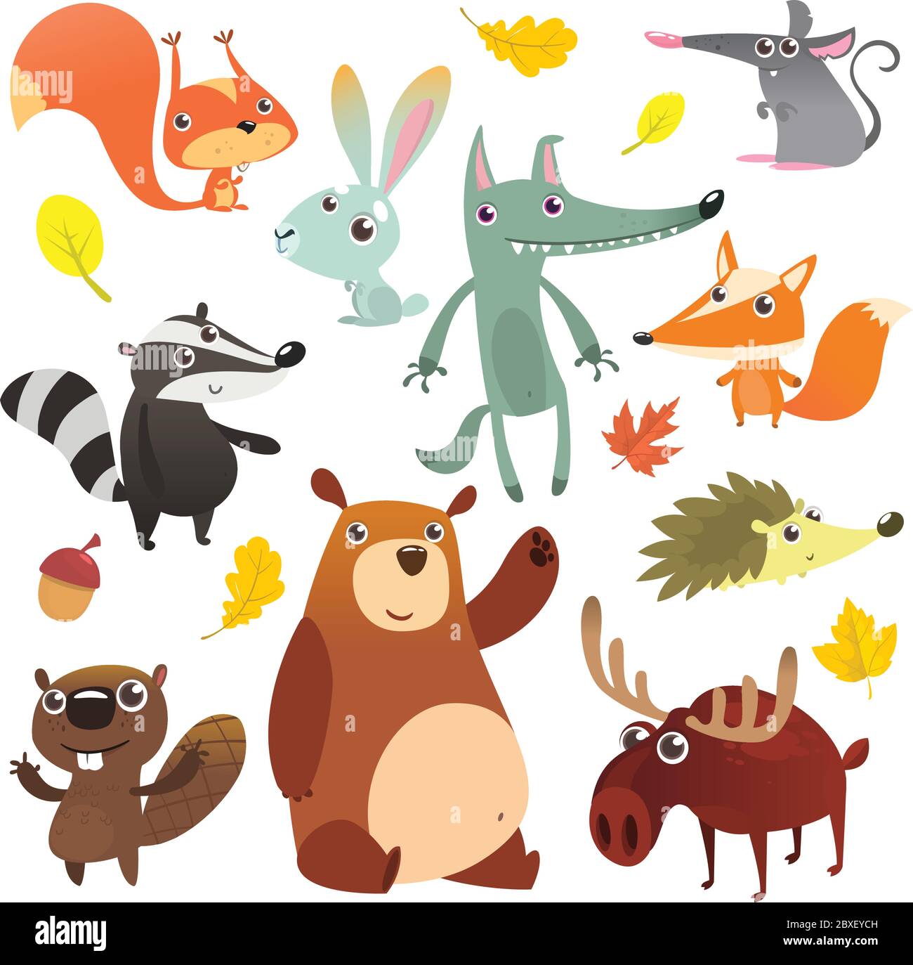 Cartoon Wald Tier Charaktere. Wild Cartoon niedlichen Tieren Set. Große Reihe von Cartoon Wald Tiere flach Vektor Illustration Design. Eichhörnchen, Maus, b Stock Vektor