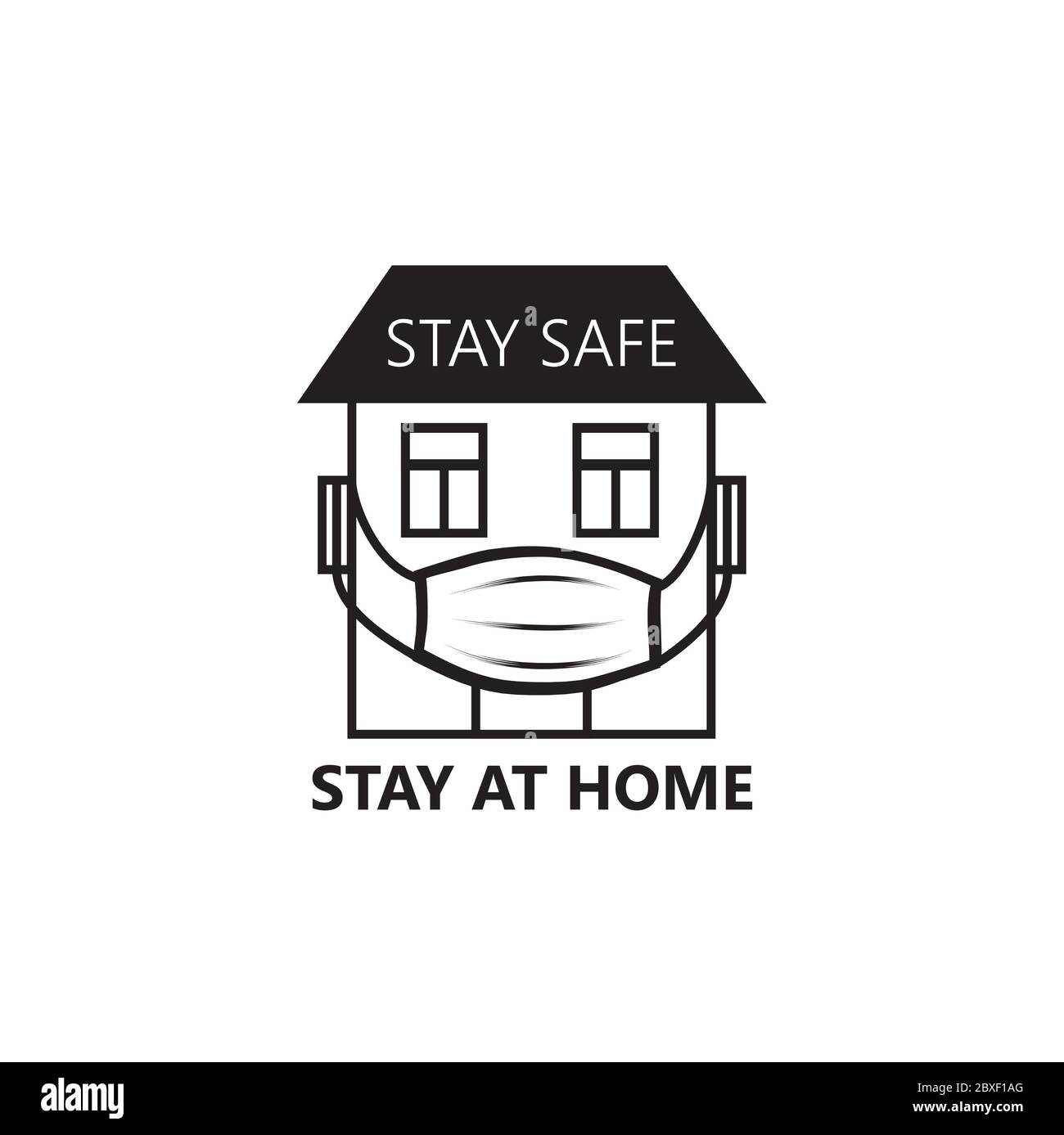 Quarantänezeichen. Crestative Symbol mit Haus, trägt medizinische Maske und Schriftzug "Stay Home", "Stay Safe" auf weißem Hintergrund. Stock Vektor