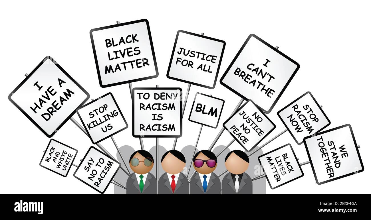 Die internationale Menschenrechtsbewegung Black Lives Matter mit Menschen, die friedlich isoliert auf weißem Hintergrund demonstrieren Stockfoto