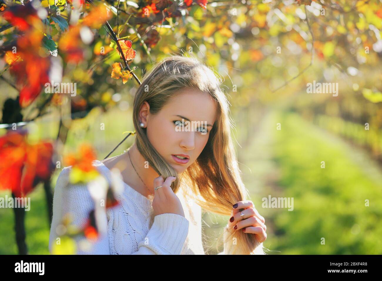 Schöne junge Frau in warmem Licht. Saisonales Porträt Stockfoto