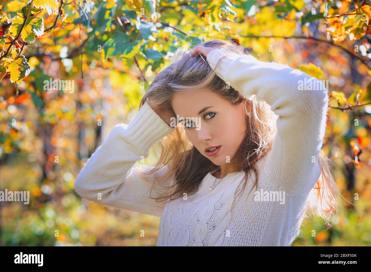 Schöne junge Frau posiert in bunten Weinberg. Saisonales Porträt Stockfoto