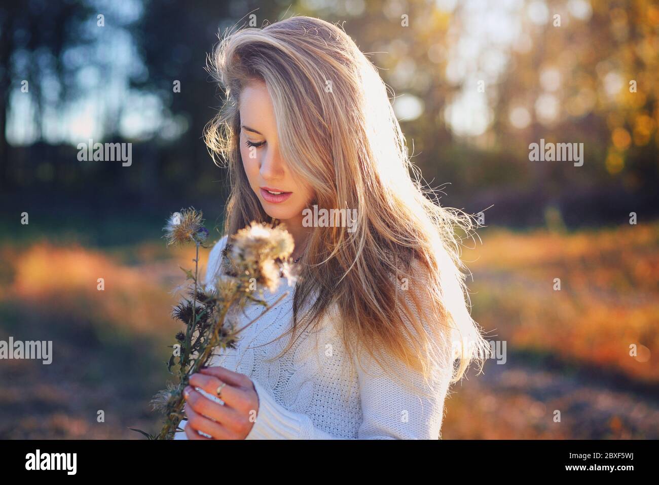 Porträt eines schönen blonden Modell im Freien in einem Feld Stockfoto