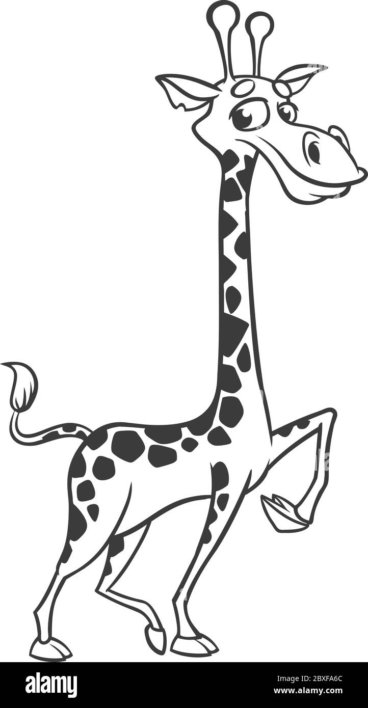 Malvorlagen. Tiere. Cartoon von ein wenig niedlichen Giraffe steht und lächelt. Skizzierte Strichkunst. Vektorgrafik Stock Vektor