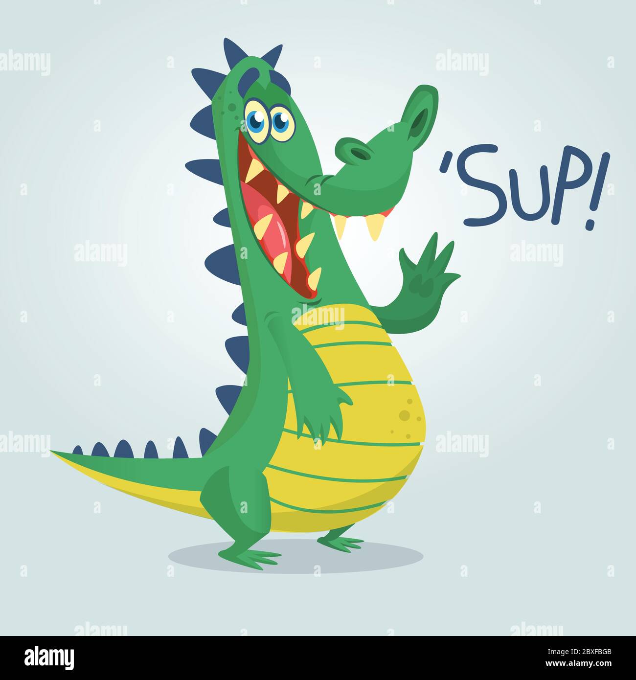 Cool Cartoon Krokodil oder Dinosaurier. Vektorgrafik eines grünen Krokodils winkend und präsentieren. Isolierter Hintergrund. Toll für Animation Stock Vektor