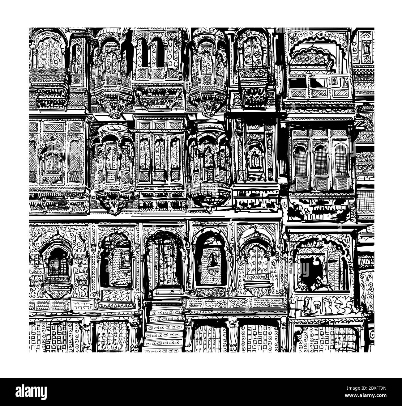Fassade des alten Hauses mit Balkonen in Jodhpur, Indien - Vektor-Illustration (ideal für den Druck auf Stoff oder Papier, Poster oder Tapete, Haus decorati Stock Vektor