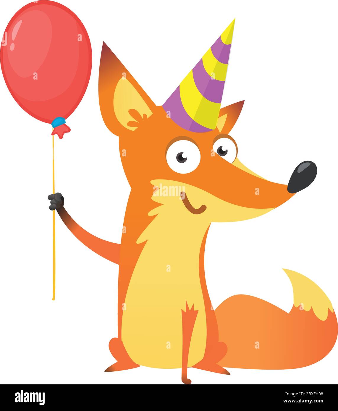 Lustige Cartoon Fuchs hält roten Ballon und Geburtstagsfeier Hut. Vektor-Illustration für Geburtstagskarte. Design für den Druck Stock Vektor