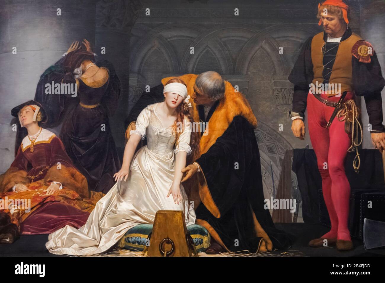 Gemälde mit dem Titel 'die Hinrichtung von Lady Jane Gray' von Paul Delaroche vom 1833 Stockfoto