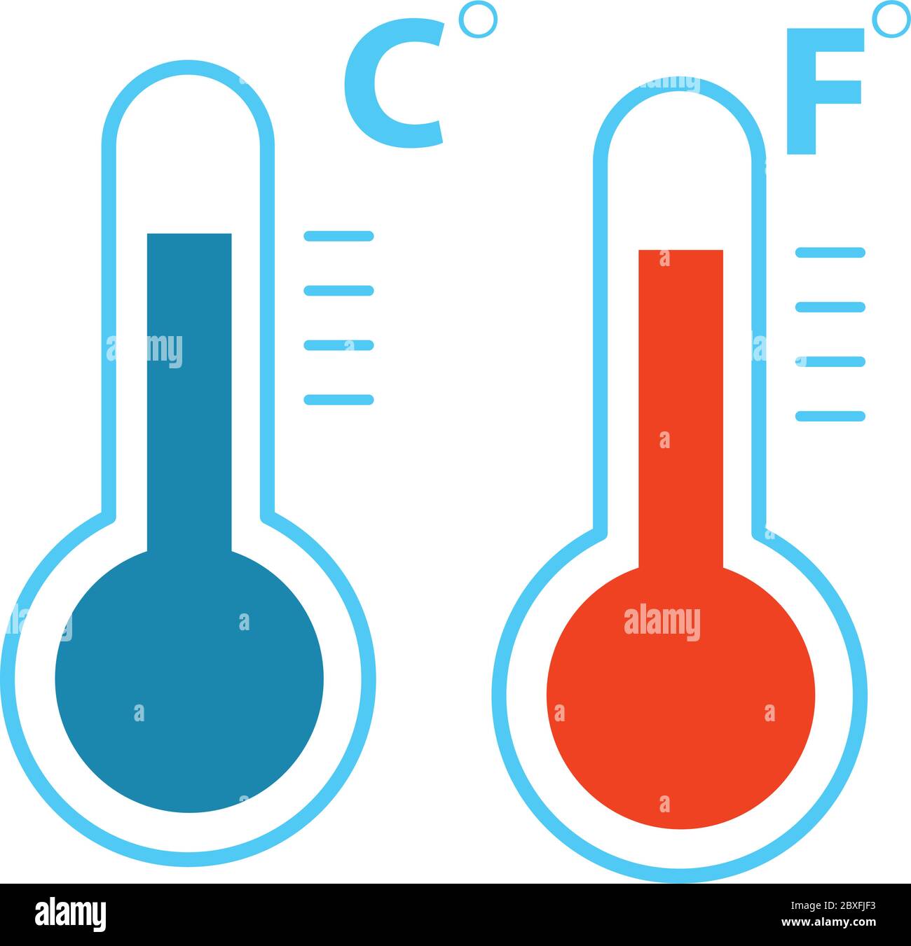 Flache thermometer für celsius und fahrenheit, Symbol für Kälte- und Wärmetemperatur, Vektor isoliert, eps 10 Stock Vektor