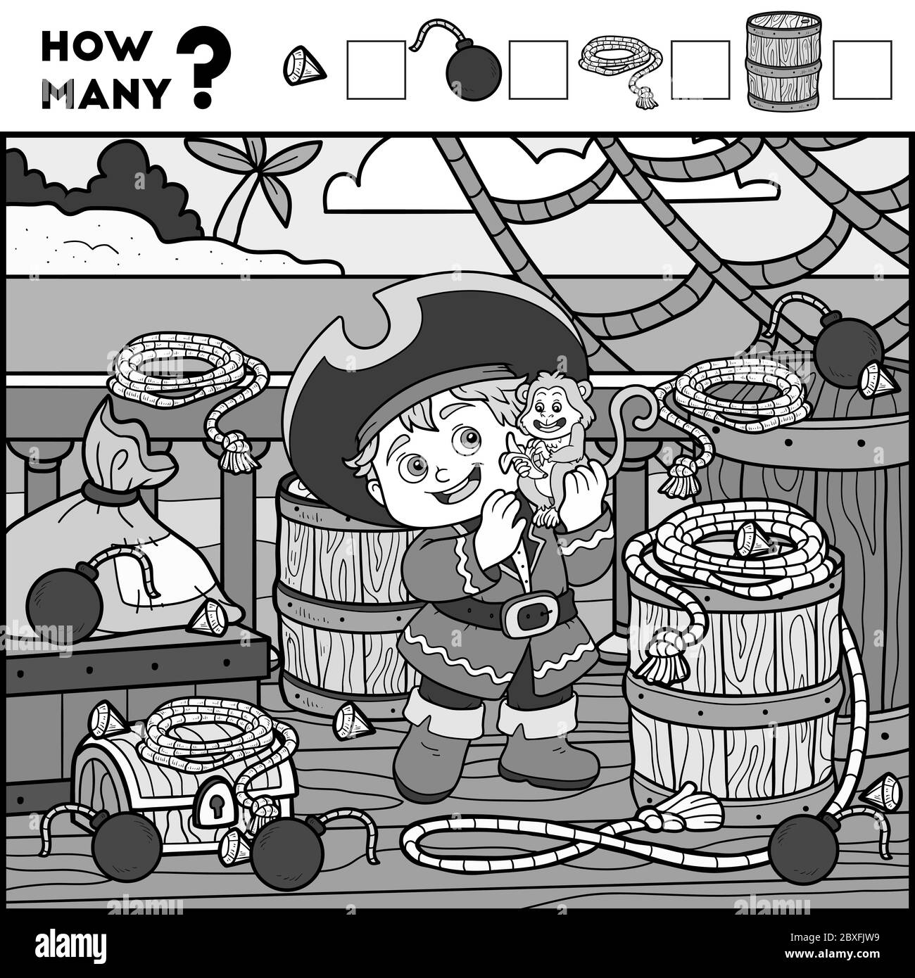 Zählspiel für Kinder im Kindergarten. Pädagogische ein mathematisches Spiel. Zählen Sie, wie viele Elemente und schreiben Sie das Ergebnis! Pirat Junge und Hintergrund Stock Vektor