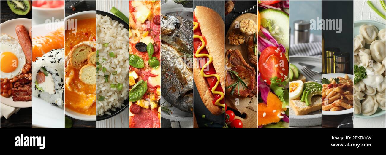 Verschiedene Speisen. Essenscollage. Verschiedene Kompositionen mit Mahlzeit Stockfoto