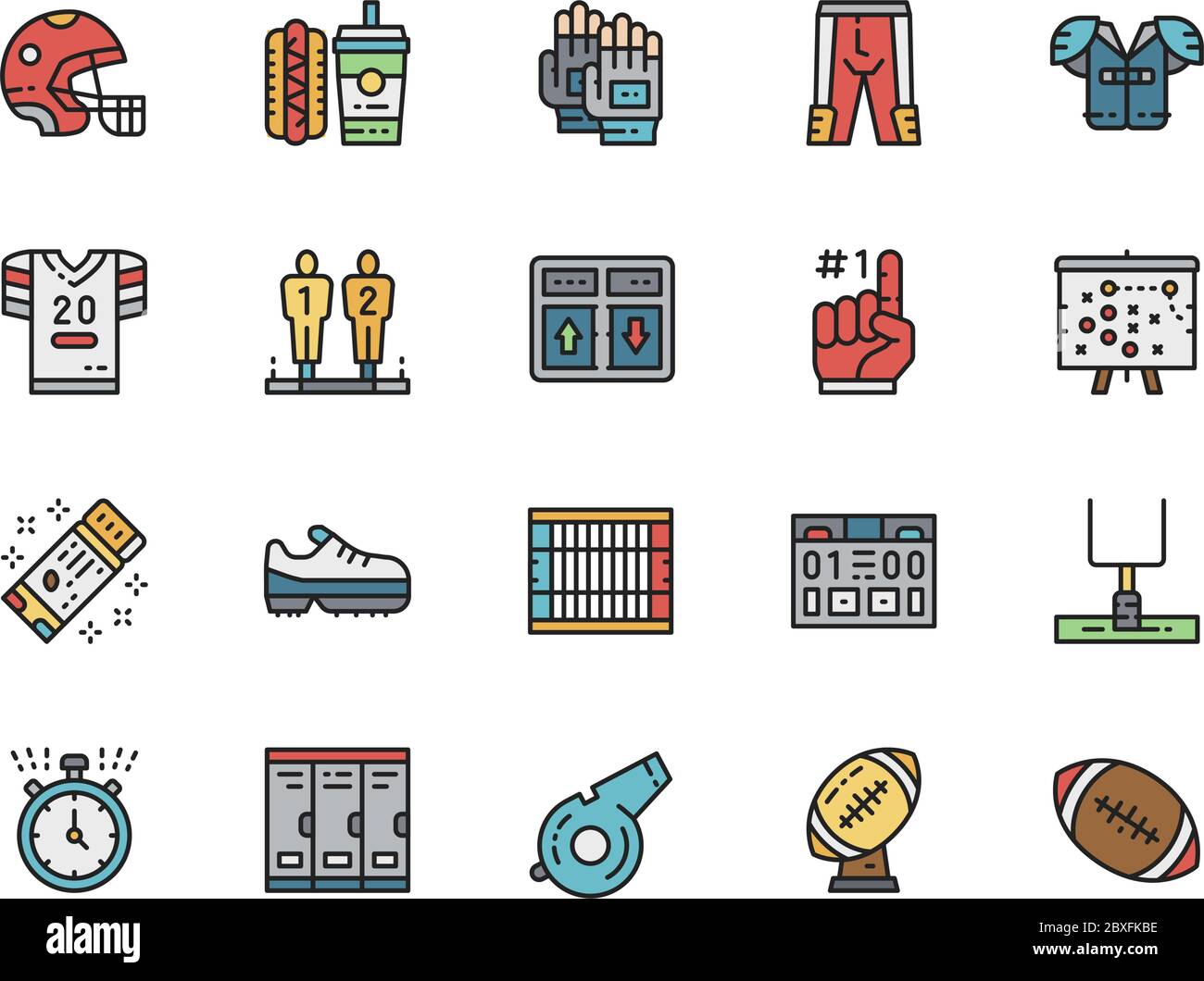 Set von American Football Colour Line Icons. Uniform, Helm, Stoppuhr und mehr. Stock Vektor
