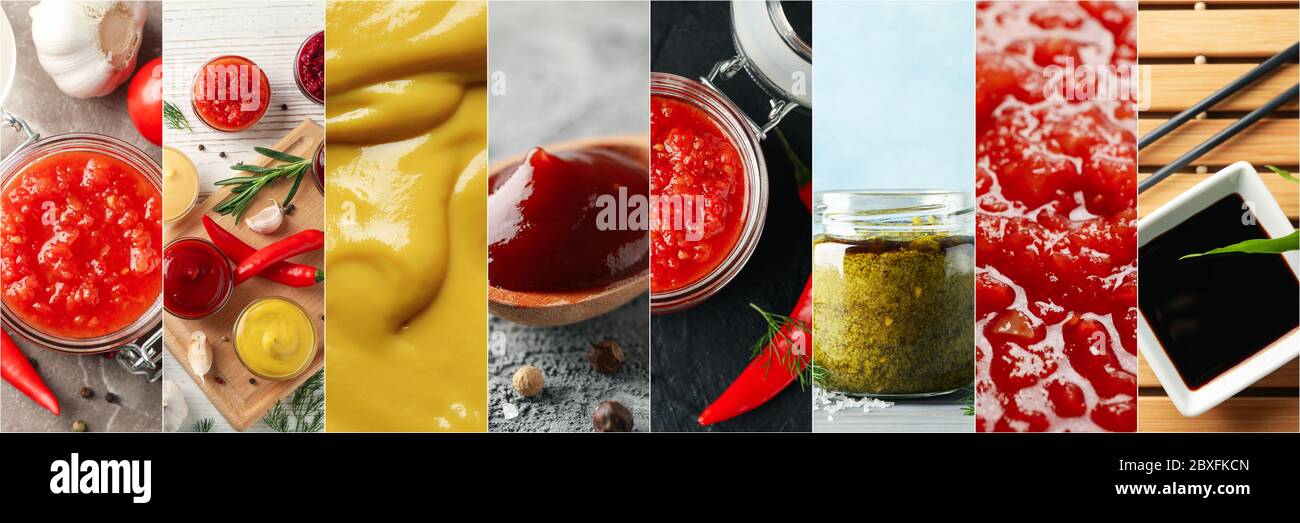 Food Collage mit verschiedenen Soßen auf verschiedenen Hintergründen Stockfoto