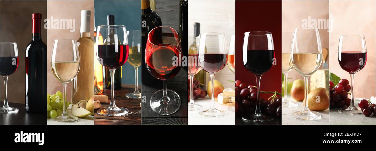 Collage mit verschiedenen Weinen auf unterschiedlichen Hintergründen Stockfoto