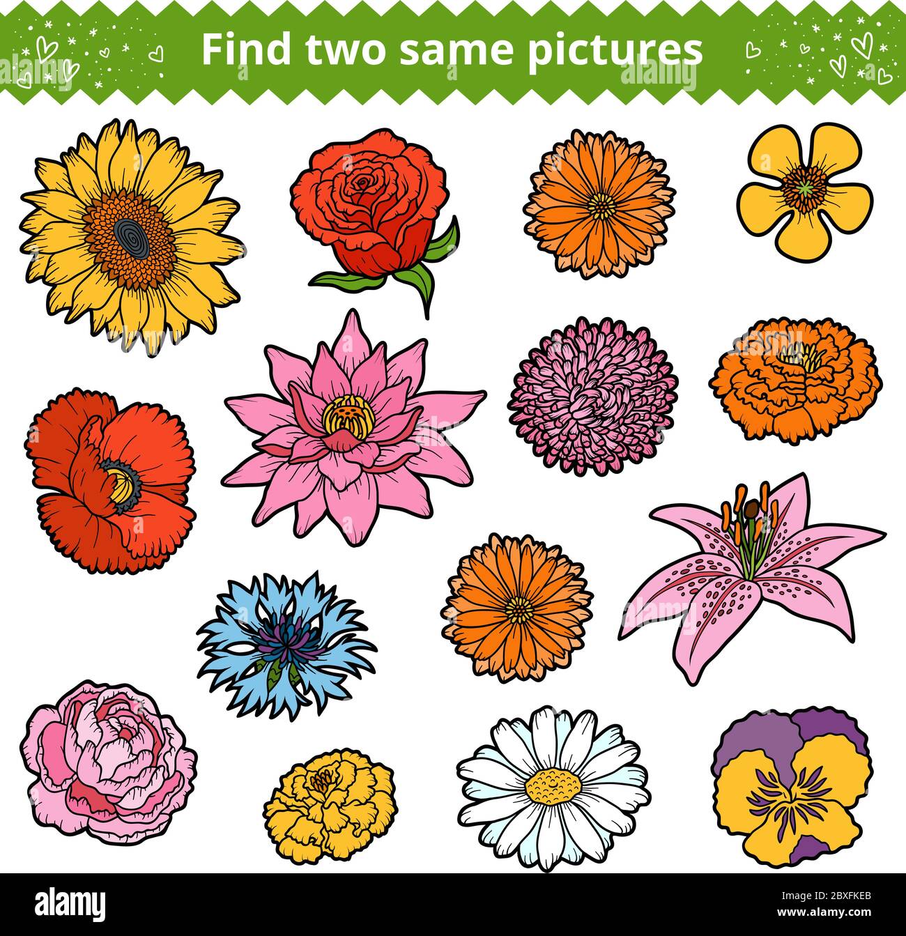 Finden Sie zwei die gleichen Bilder, Bildung Spiel für Kinder. Farbset von Blumen Stock Vektor
