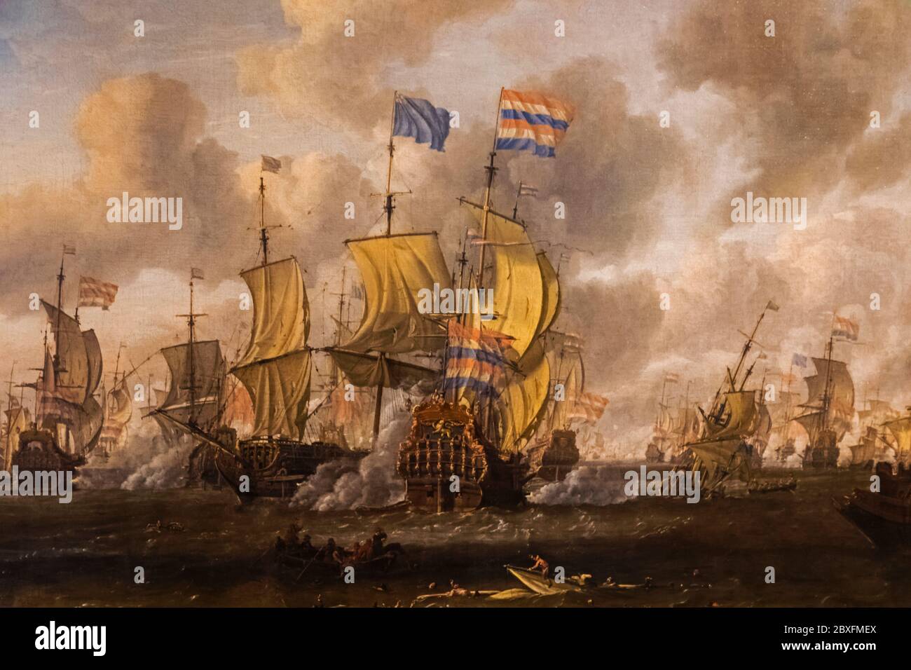 Gemälde des Schiffes Gouden Leeuw, das den Königlichen Prinzen in die Schlacht von Texel am 11. August 1672 einnahm, von Abraham Storck vom späten 17. Jahrhundert Stockfoto
