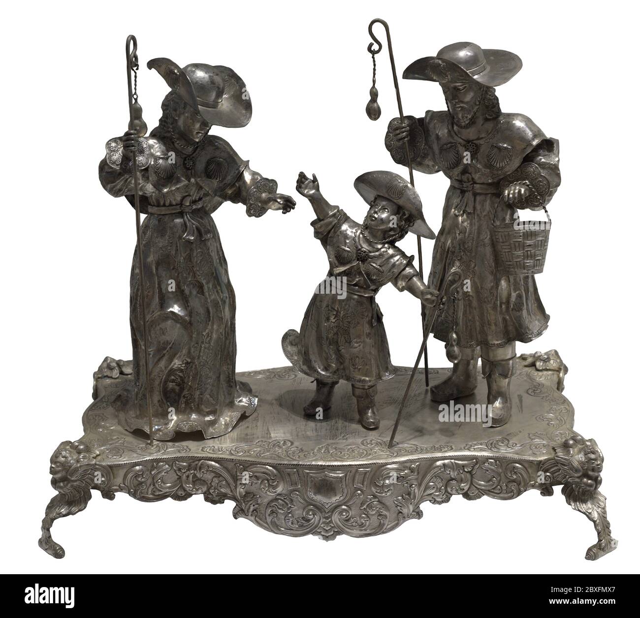 Heilige Familie auf Pilgerreise. Mexikanischer Workshop. Silber graviert, gegossen und gemeißelt. Ende des 18. Jahrhunderts. Museum für Pilgerfahrt und Santiago. Santiago de Compostela, Galicien, Spanien. Stockfoto