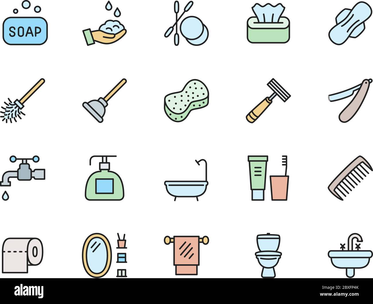 Satz von Symbolen für flache Hygiene-Farblinien. Badewanne, Tampon, Toilettenstößel und mehr Stock Vektor