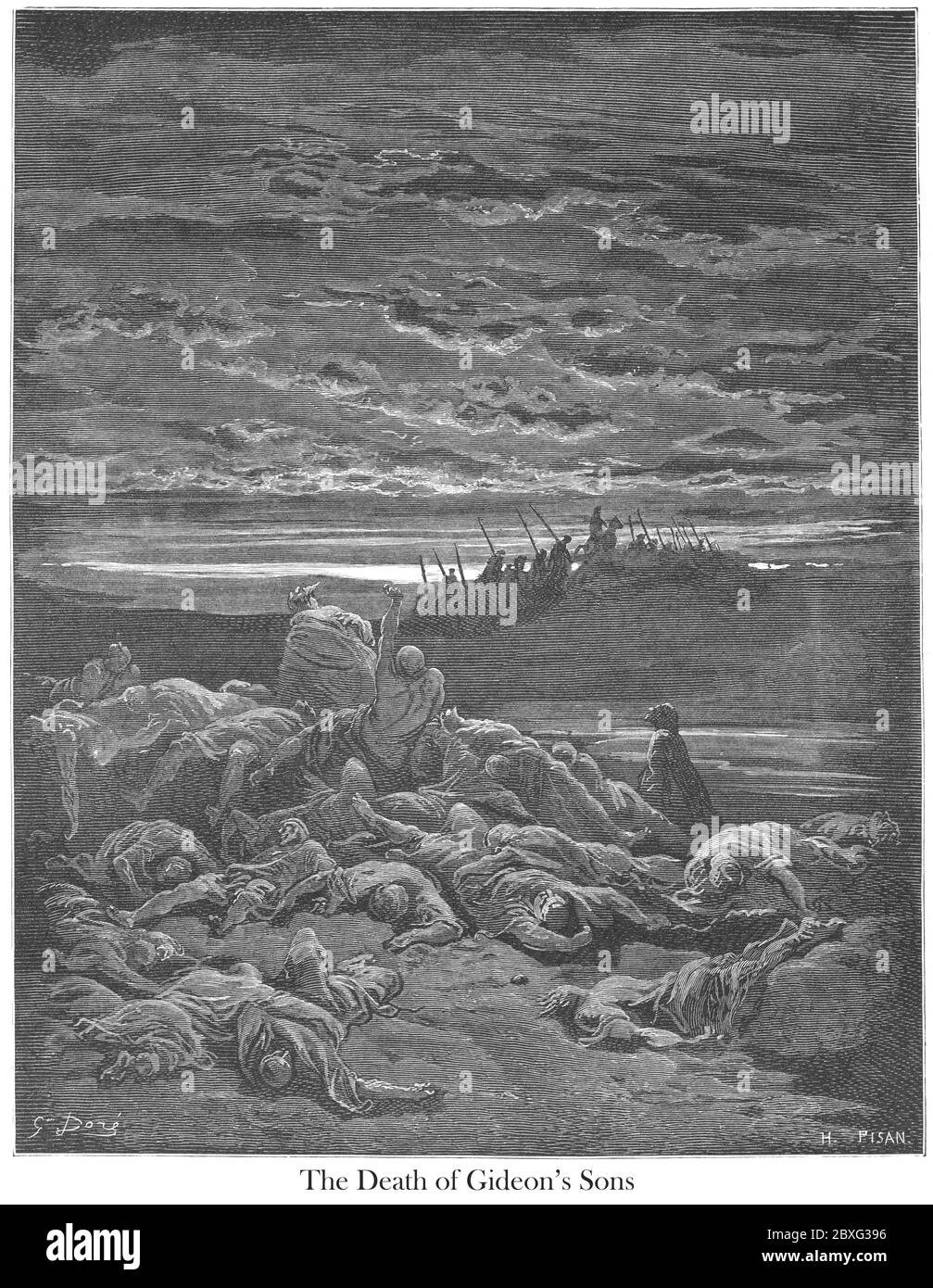 Tod der Söhne der Gideon Richter 9:5 aus dem Buch 'Bibel Galerie' illustriert von Gustave Dore mit Memoir of Dore und Descriptive Letter-Press von Talbot W. Chambers D.D. Herausgegeben von Cassell & Company Limited in London und gleichzeitig von Mame in Tours, Frankreich im Jahr 1866 Stockfoto