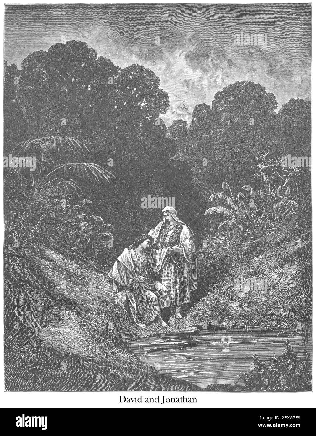 David und Jonathan 1. Samuel 20:42 aus dem Buch 'Bible Gallery' illustriert von Gustave Dore mit Erinnerungen an Dore und beschreibende Buchpresse von Talbot W. Chambers D.D. Herausgegeben von Cassell & Company Limited in London und gleichzeitig von Mame in Tours, Frankreich im Jahr 1866 Stockfoto