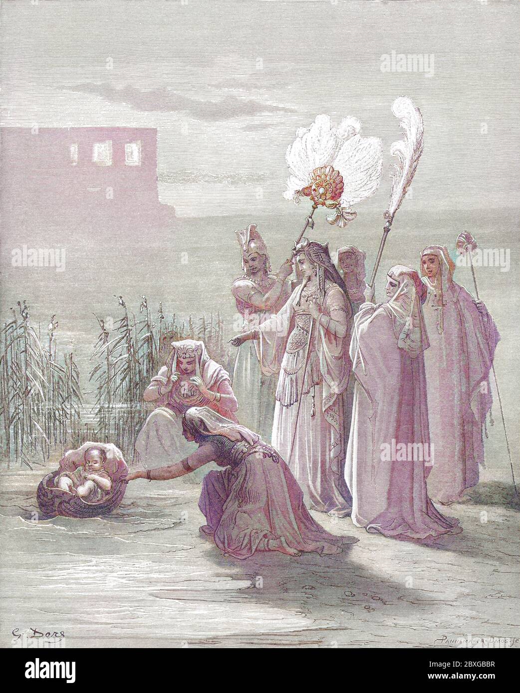 Maschinell gefärbt (AI) die Entdeckung Moses 2. Mose 2:6 aus dem Buch 'Bible Gallery' illustriert von Gustave Dore mit Erinnerungen von Doré und beschreibende Buchpresse von Talbot W. Chambers D.D. Herausgegeben von Cassell & Company Limited in London und gleichzeitig von Mame in Tours, Frankreich im Jahr 1866 Stockfoto