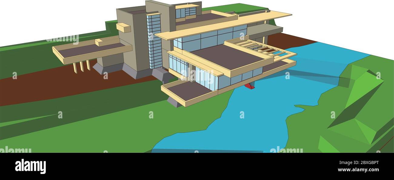 Fallingwater,Frank Lloyd Wright,Architekturprojekt,architektonische Dekoration, Architekturstil Stock Vektor